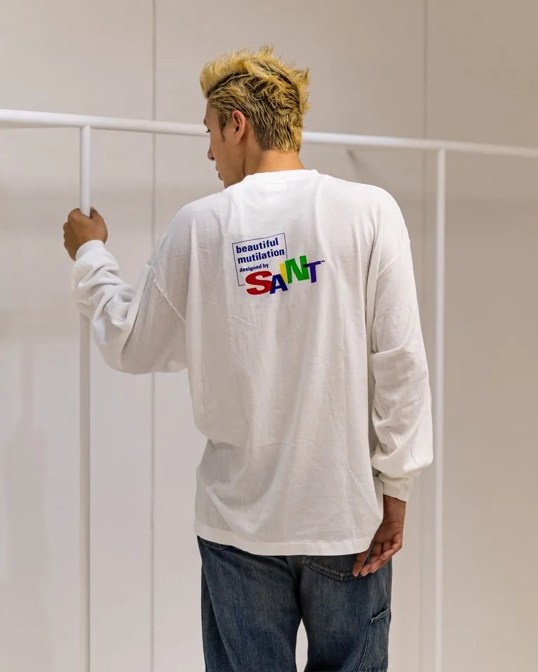 SAINT Mxxxxxx LS TEE/BEAUTIFUL SAINT/WHT Colorful SAINT slogan long-sleeved TEE White S-XL Cylindrical side seamless fabric Really made with care! Domestic printing factory OEM, original water slurry non-touch printing process, correct version, correct main mark/wash mark/little angel anti-counterfeiting mark
